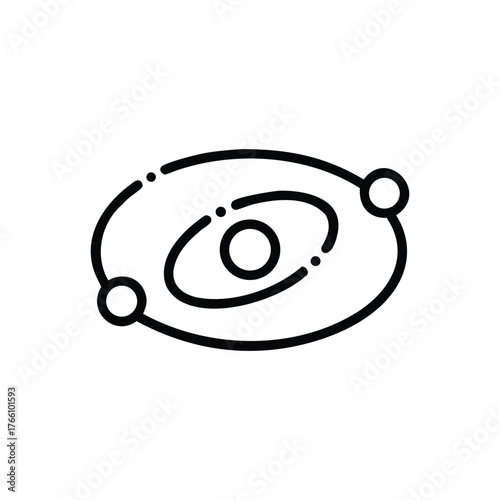 Minimalist line art icon of a spiral galaxy with orbiting celestial bodies on white background
