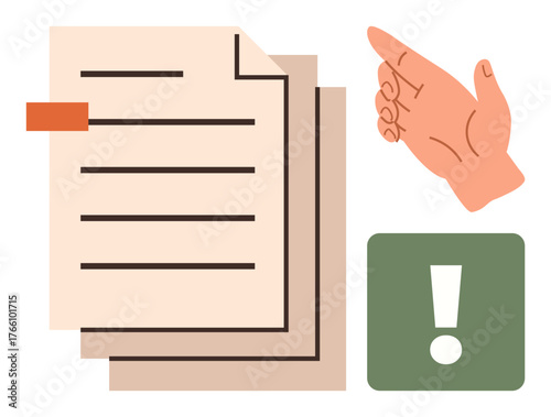Hand pointing at stacked documents alongside a green box with an exclamation mark. Ideal for communication, priority setting, alerts, workflows, focus, task management, and reminders. Simple flat