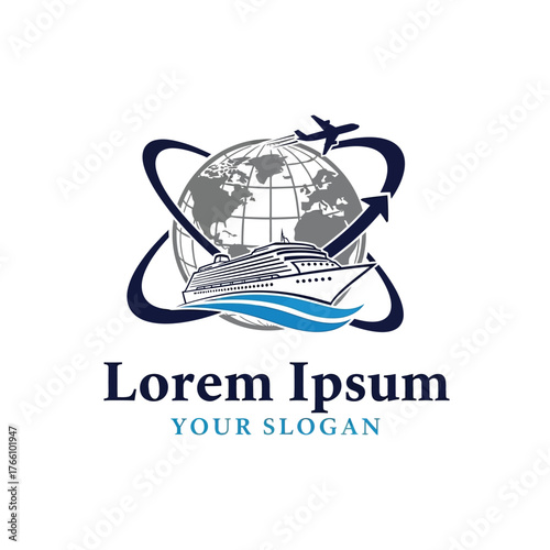Travel agency logo featuring globe airplane and cruise ship for global adventures.