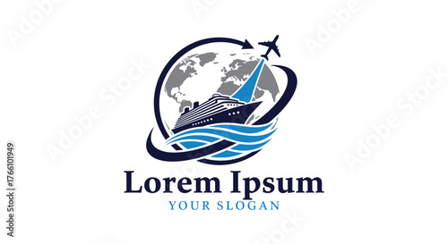 Travel agency logo featuring a ship airplane and globe for global adventures.