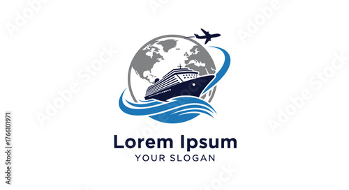 Travel Agency Logo Featuring Globe, Cruise Ship, and Airplane for Tourism.