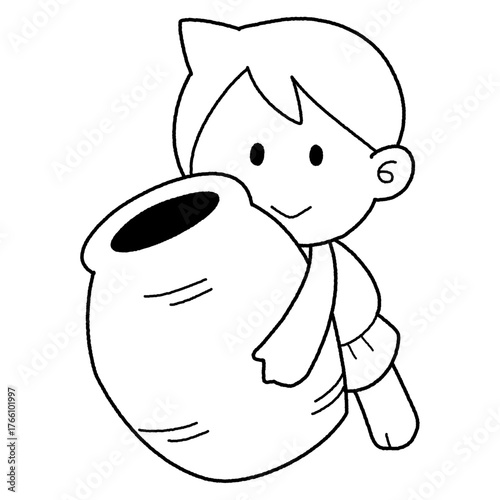 モノクロのかわいい瓶を抱える少年のイラスト