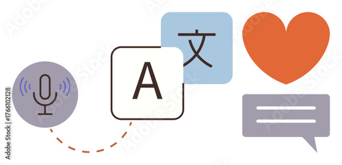 Microphone, text blocks, heart, and speech bubble integrating speech-to-text, language translation, and communication themes. Ideal for technology, education, linguistics global reach connection