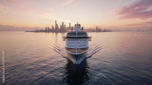 An expansive seascape unfolds as a majestic cruise ship glides towards a city's skyline, painting a serene scene of travel and adventure.
