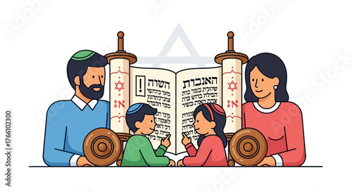 A Jewish family, including parents and two children, gathered around a Torah scroll, symbolizing religious education and tradition.