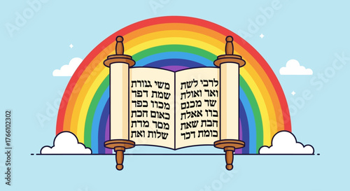 A vibrant cartoon illustration of a Torah scroll with Hebrew text set against a colorful rainbow and blue sky.