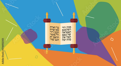 An illustration of a Torah scroll, open to display Hebrew text, with a colorful background.