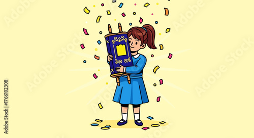 Girl holding Torah scroll with confetti falling around her.