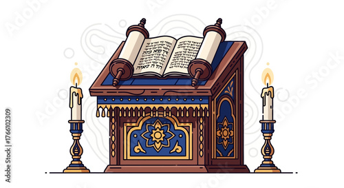 An ornate Torah scroll on a decorative wooden lectern, flanked by two lit candles on a white background.