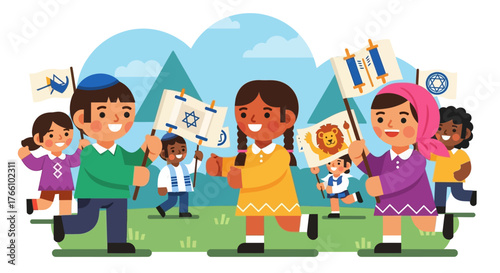 Diverse children celebrating a Jewish holiday, possibly Simchat Torah, holding banners with religious symbols in a joyful outdoor parade.