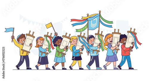 Children parade with Torah scrolls during Simchat Torah celebration.