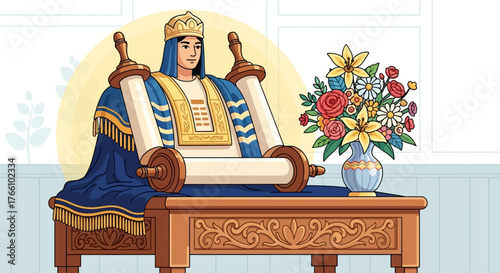 A person in ceremonial attire sits behind a Torah scroll on a table, with a vase of flowers to the side.