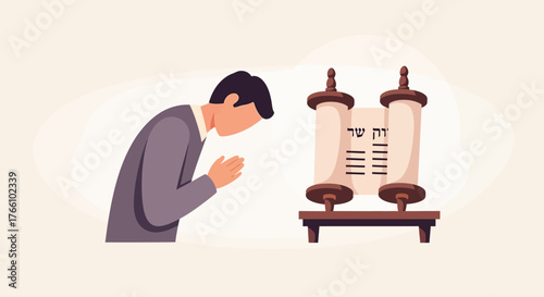 A person bowing in prayer next to a Torah scroll, a symbol of faith.