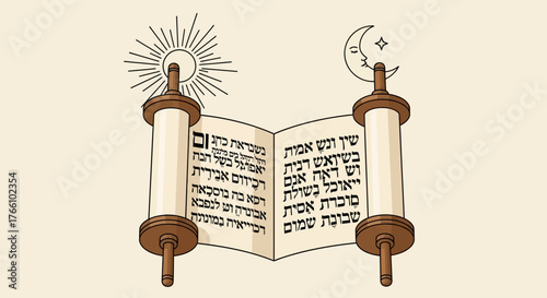 An open Torah scroll with Hebrew text, illuminated by a sun and a crescent moon.