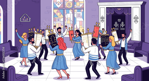 Jewish people dancing with Torah scrolls in a synagogue during a celebration, featuring stained glass windows and an ark.