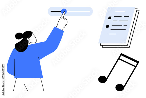 Individual interacts with a slider, symbolizing control, accompanied by a music note and playlist. Ideal for music streaming, technology use, user interface, creativity, productivity, leisure