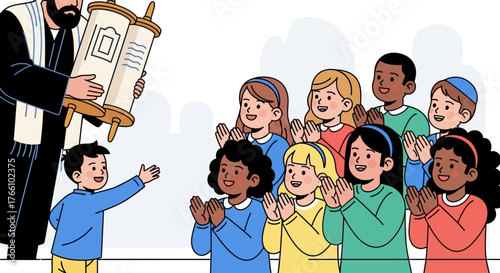 Children clapping for a man holding a Torah scroll in a religious setting.