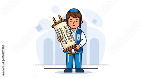 Smiling Jewish boy in kippah holding a Torah scroll, standing in front of a synagogue, celebrating a religious event.