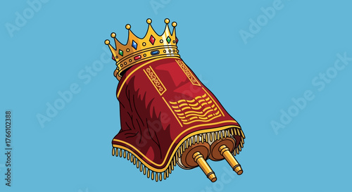 Illustration of a Torah scroll with a crown on a light blue background.