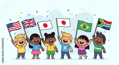 Diverse group of children joyfully waving flags representing different countries, celebrating unity.