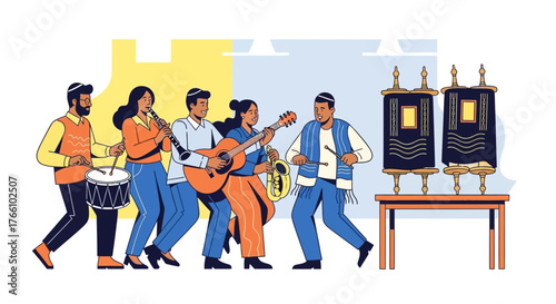 A group of Jewish people celebrating a religious holiday with music, dancing, and Torah scrolls.