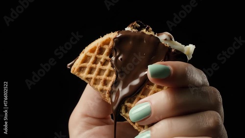 A tempting, delectable waffle piece, generously coated with velvety chocolate, held firmly, showing the contrast of texture and flavors.