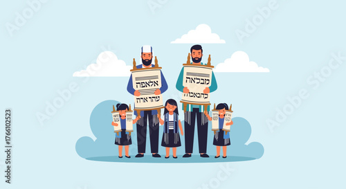 Illustration of a Jewish family with two men and three children holding Torah scrolls, representing religious tradition and heritage.