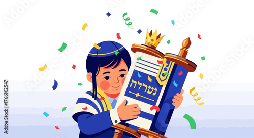 A young Jewish boy in traditional attire joyfully embraces a Torah scroll adorned with a golden crown, surrounded by colorful confetti.