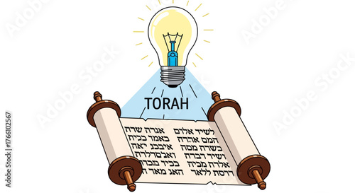 Illustration of a Torah scroll illuminated by a lightbulb, symbolizing enlightenment through religious text.