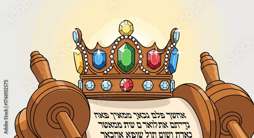 A jeweled royal crown rests atop an ancient scroll with Hebrew text, symbolizing divine law and kingship.