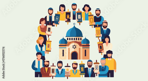 Diverse Jewish community members, men and women, holding Torah scrolls around a synagogue, symbolizing faith and tradition.