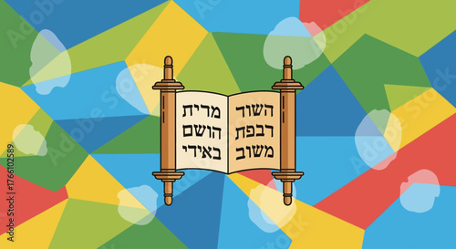 An illustrated Torah scroll with Hebrew text on a colorful abstract geometric background.