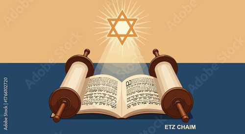 An open Torah scroll with a radiant Star of David shining above it, symbolizing Jewish heritage and religious study.
