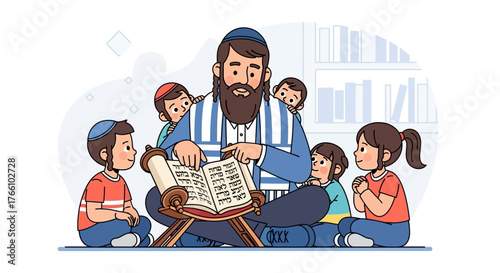 Cartoon of a rabbi teaching children from a Torah scroll.