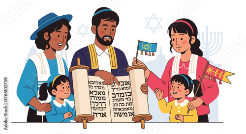 A diverse Jewish family celebrates a holiday, holding a Torah scroll and flags, with Jewish symbols in the background.