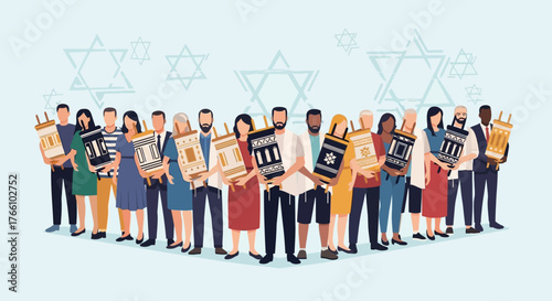 Diverse group of people holding Torah scrolls, Jewish community illustration.