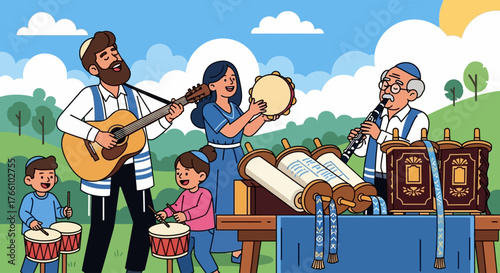 A joyful Jewish family celebrating a religious holiday outdoors with music and a Torah scroll.