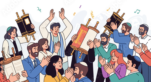 A vibrant illustration of Jewish people celebrating with Torah scrolls, clapping hands, and confetti, depicting a joyous religious festival.