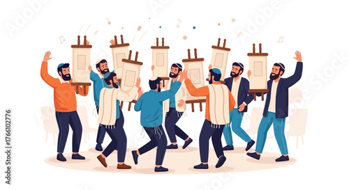 Illustration of a group of men celebrating with Torah scrolls, joyful and festive.