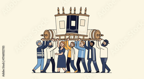 Illustration of a group of people carrying a Torah scroll on their shoulders.