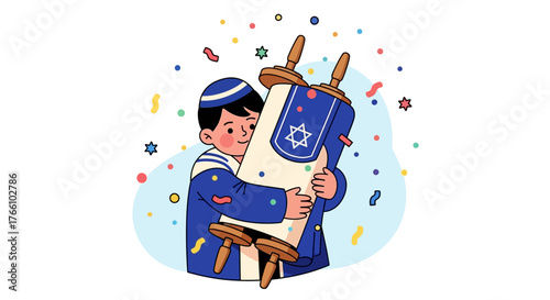 A happy Jewish boy wearing a kippah joyfully hugging a large Torah scroll during a religious celebration with confetti.