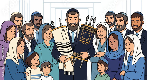 A group of Jewish people, including men, women, and children, gathered around a man holding a Torah scroll and a tallit.