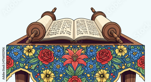 An open Torah scroll rests on a decorated table with floral patterns and two wooden rollers.