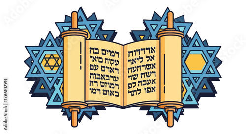An open Torah scroll with Hebrew text, surrounded by blue Stars of David, symbolizing Jewish heritage and faith.