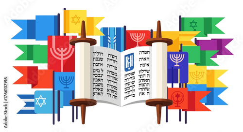 Colorful illustration of a Torah scroll with flags representing Jewish symbols and holidays.