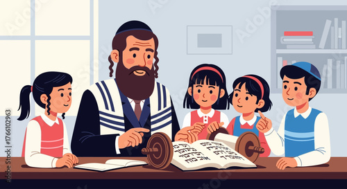 A rabbi with a beard and tallit teaches four young children from an open Torah scroll in a classroom.