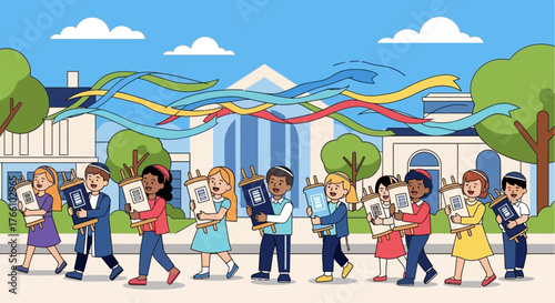 Children in festive attire joyfully parade with Torah scrolls, celebrating a religious occasion outside a grand building.