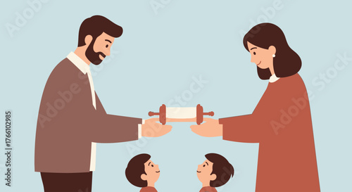 Illustration depicting a family holding a Torah scroll, representing religious observance and tradition.