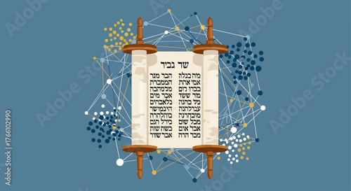 An open Torah scroll with Hebrew script set against a modern, abstract network of connected nodes.