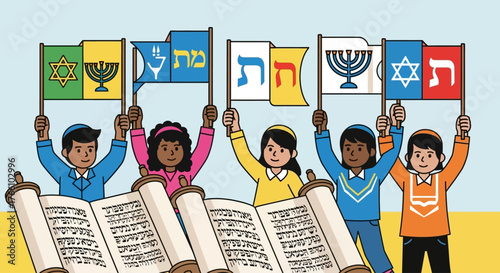 Diverse children holding flags with Jewish symbols and Hebrew letters, standing behind open Torah scrolls, representing Jewish culture and education.